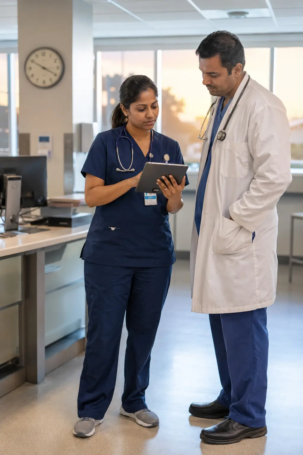 Nurse using a tablet with holographic clinical data