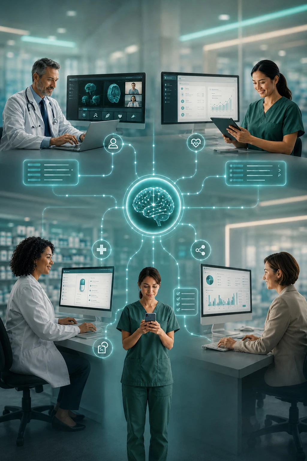 Multiple healthcare roles connected in one workflow
