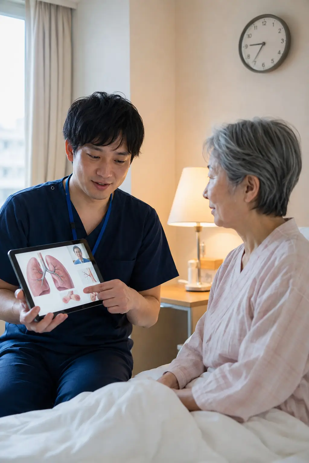 AI assistant helping a patient and doctor at night